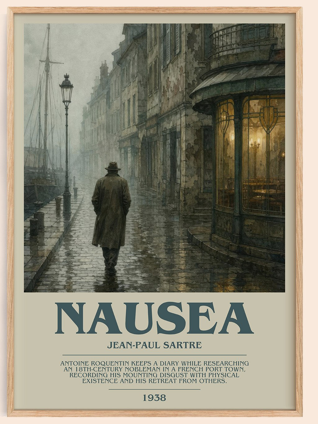 Nausea bookish book poster by Jean-Paul Sartre – framed literary art print