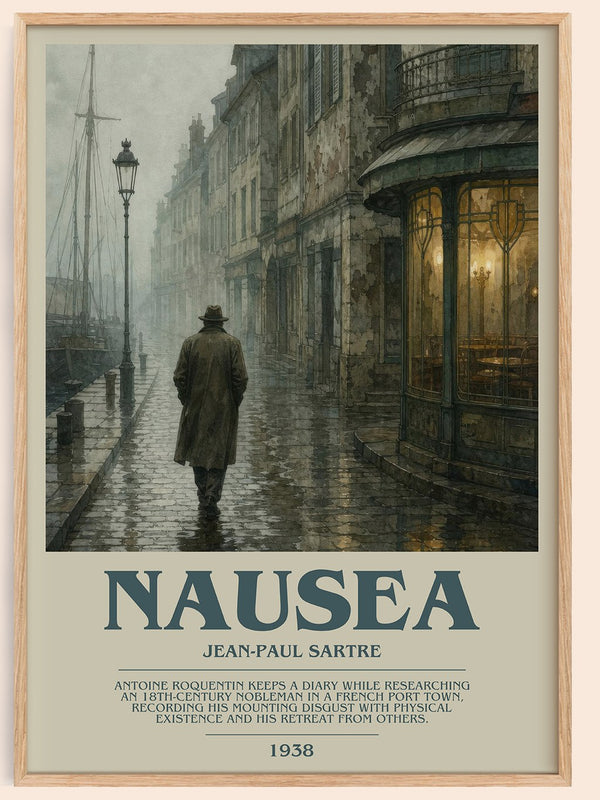 Nausea bookish book poster by Jean-Paul Sartre – framed literary art print
