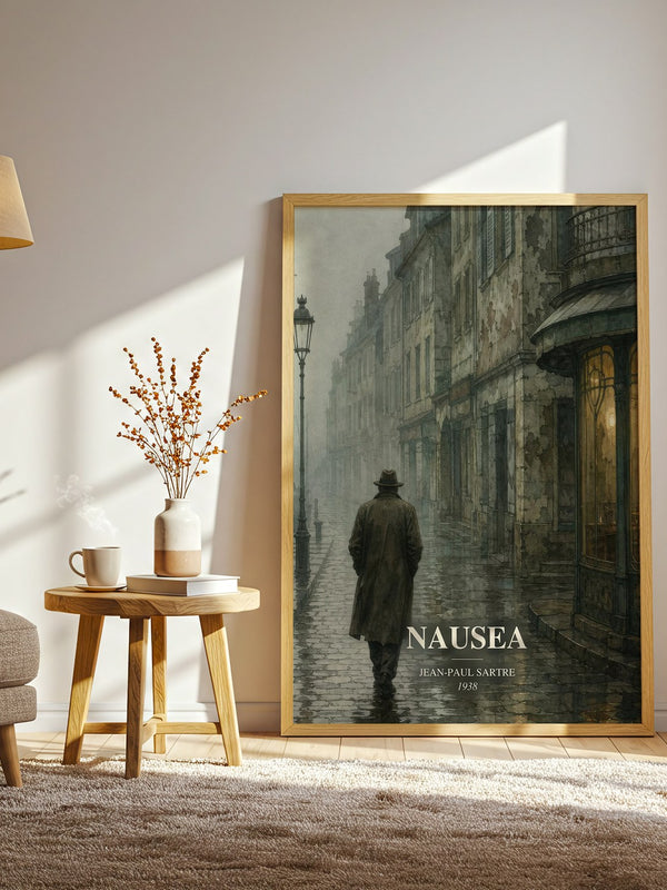 Nausea watercolour print in frame leaning in hallway – philosophy wall art