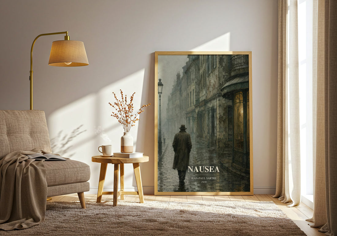 Nausea watercolour print in frame leaning in hallway – philosophy wall art (mockup)
