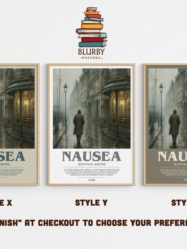 Nausea bookish print in frame leaning in hallway – philosophy wall art