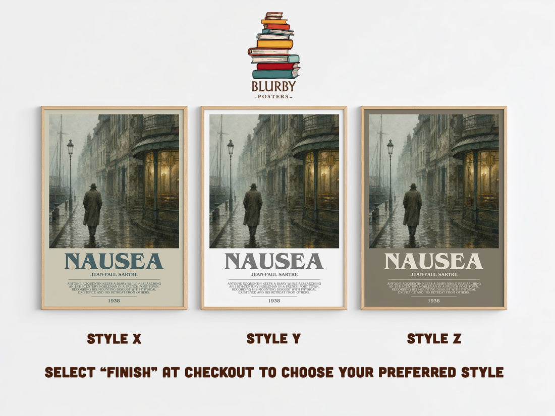Nausea bookish print in frame leaning in hallway – philosophy wall art (mockup)