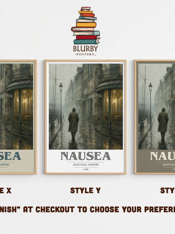 Nausea book cover print in frame leaning in hallway – philosophy wall art