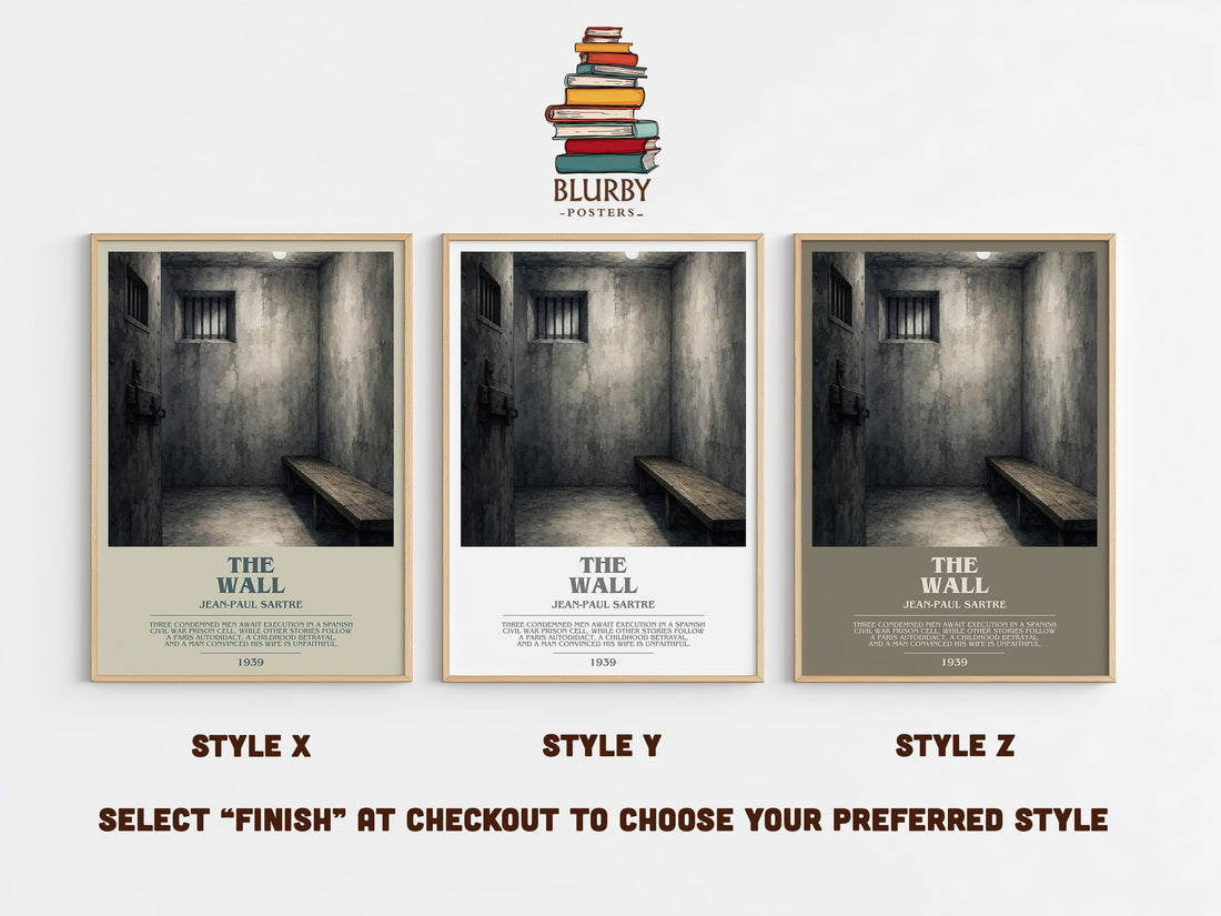 The Wall bookish print in frame leaning in hallway – philosophy wall art (mockup)