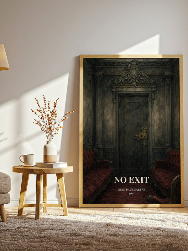 No Exit watercolour print in frame leaning in hallway – philosophy wall art