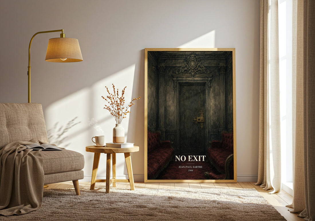 No Exit watercolour print in frame leaning in hallway – philosophy wall art (mockup)
