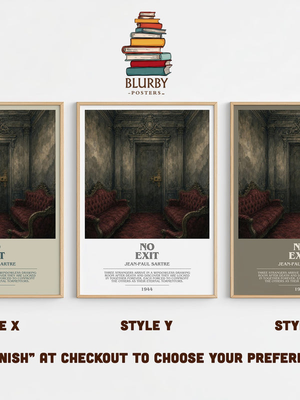 No Exit bookish print in frame leaning in hallway – philosophy wall art