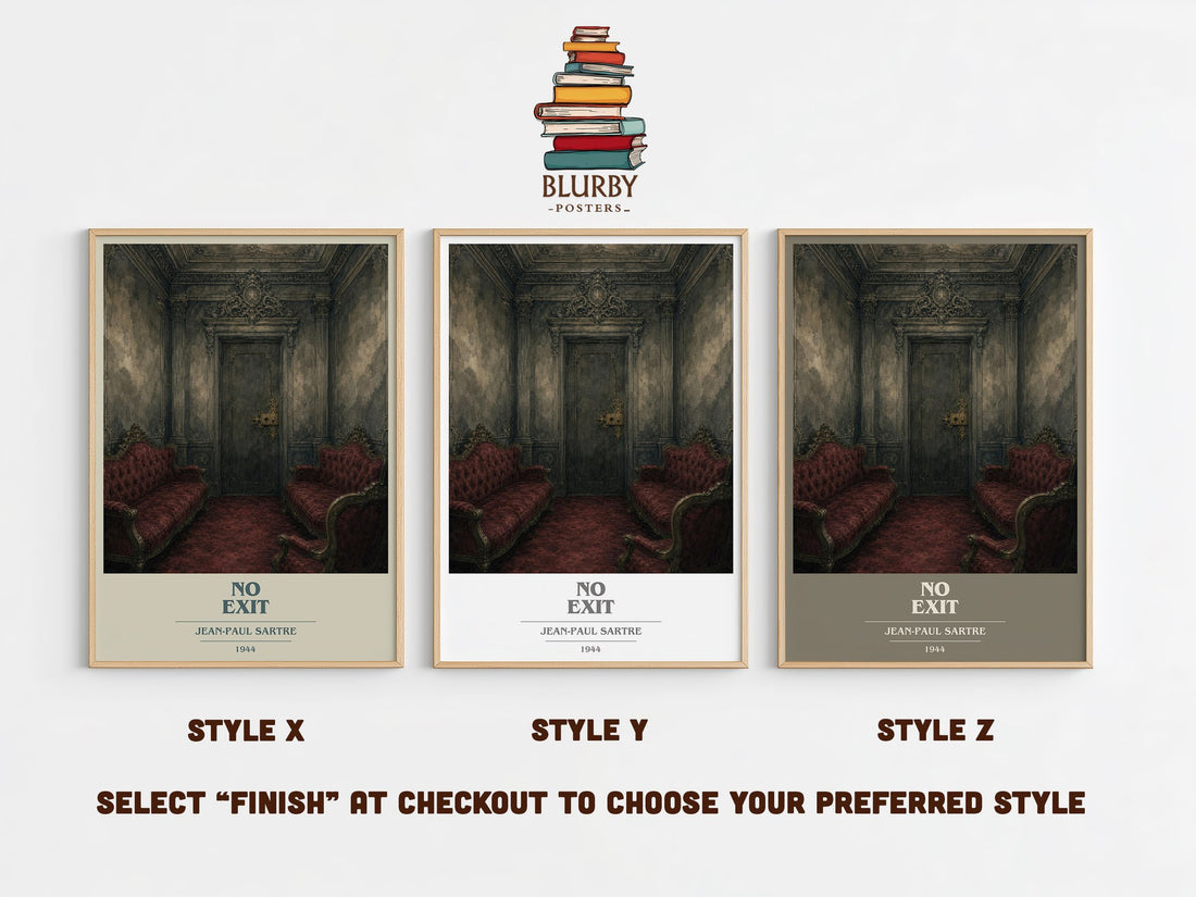 No Exit book cover print in frame leaning in hallway – philosophy wall art (mockup)