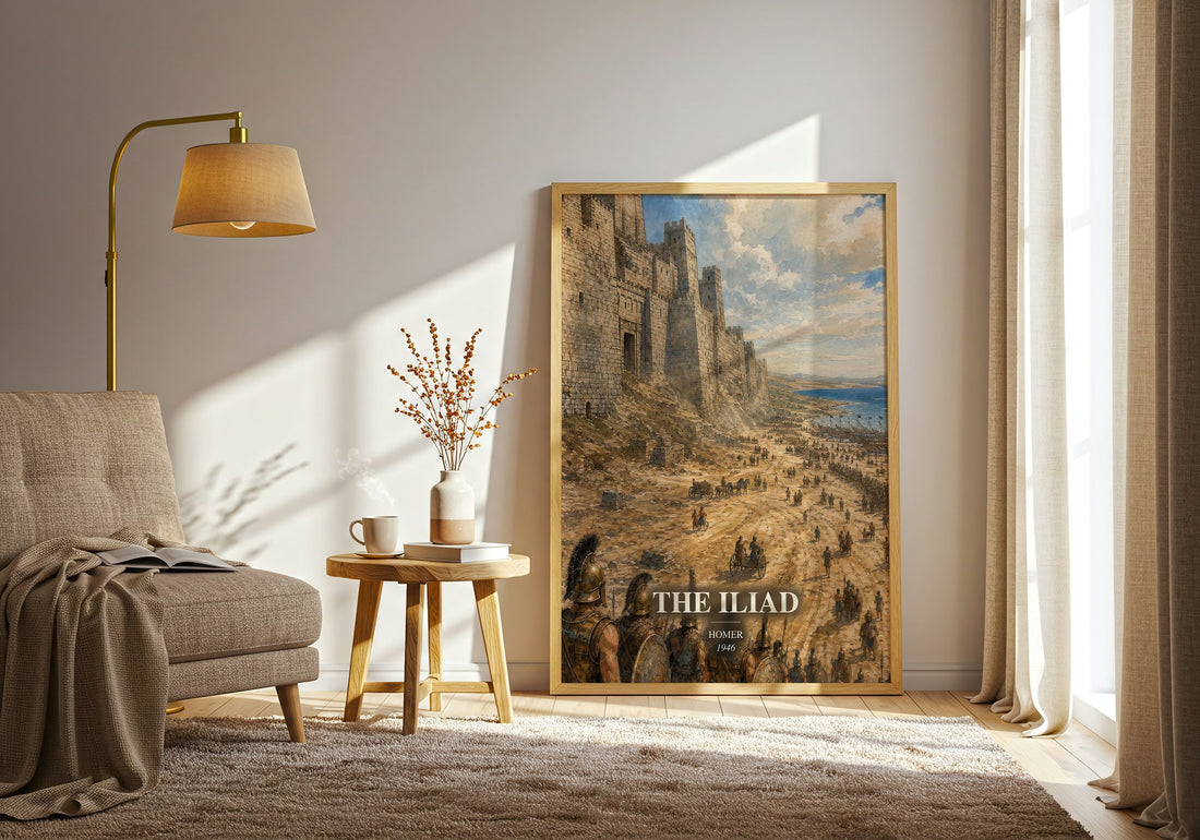 The Iliad watercolour print in frame leaning in hallway – poetry wall art (mockup)