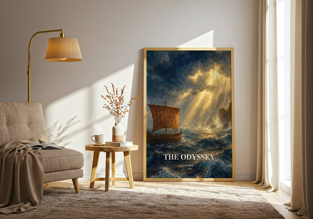 The Odyssey watercolour print in frame leaning in hallway – classic literature wall art (mockup)
