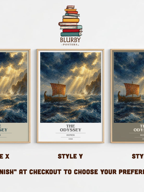 The Odyssey book cover print in frame leaning in hallway – classic literature wall art