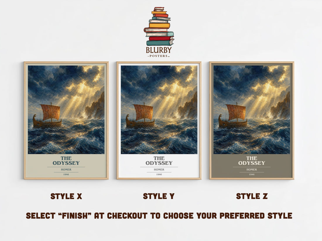 The Odyssey book cover print in frame leaning in hallway – classic literature wall art (mockup)