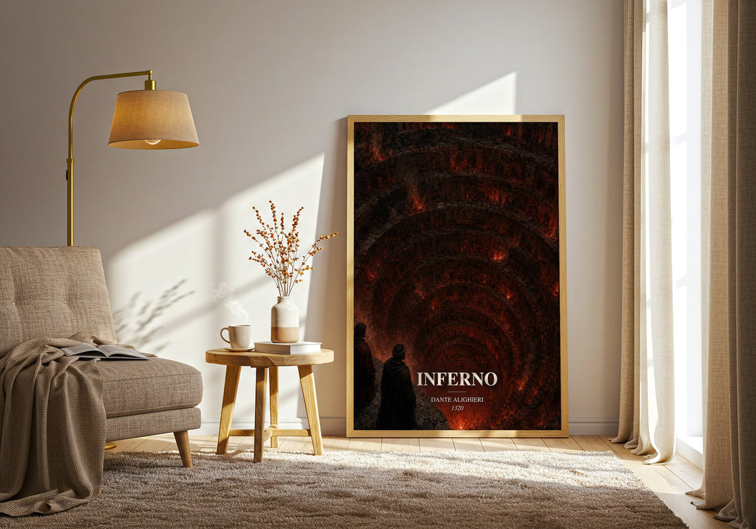 Inferno watercolour print in frame leaning in hallway – poetry wall art (mockup)