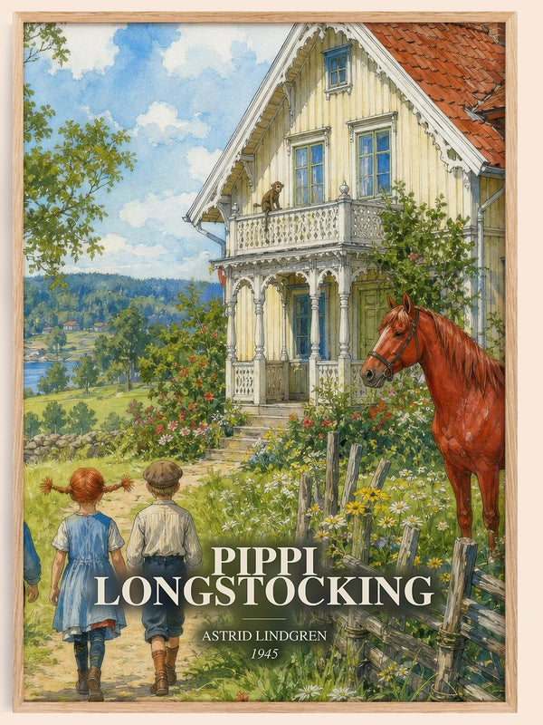 Pippi Longstocking watercolour book poster by Astrid Lindgren – framed literary art print