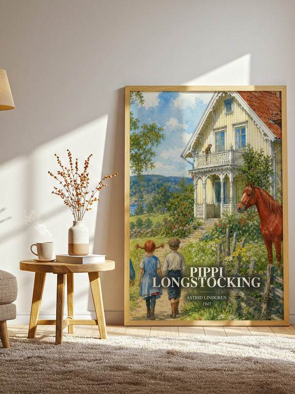 Pippi Longstocking watercolour print in frame leaning in hallway – childrens wall art