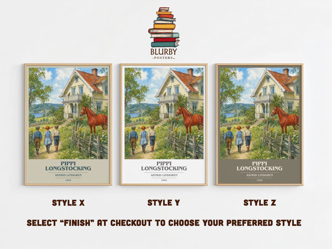 Pippi Longstocking book cover print in frame leaning in hallway – childrens wall art (mockup)