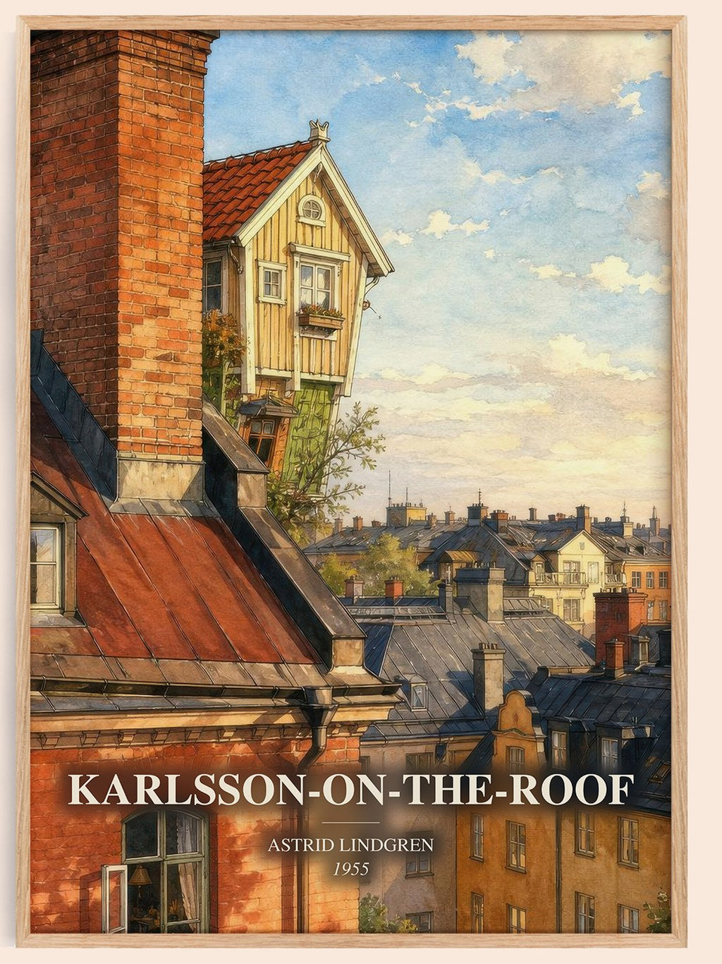 Karlsson-on-the-Roof watercolour book poster by Astrid Lindgren – framed literary art print