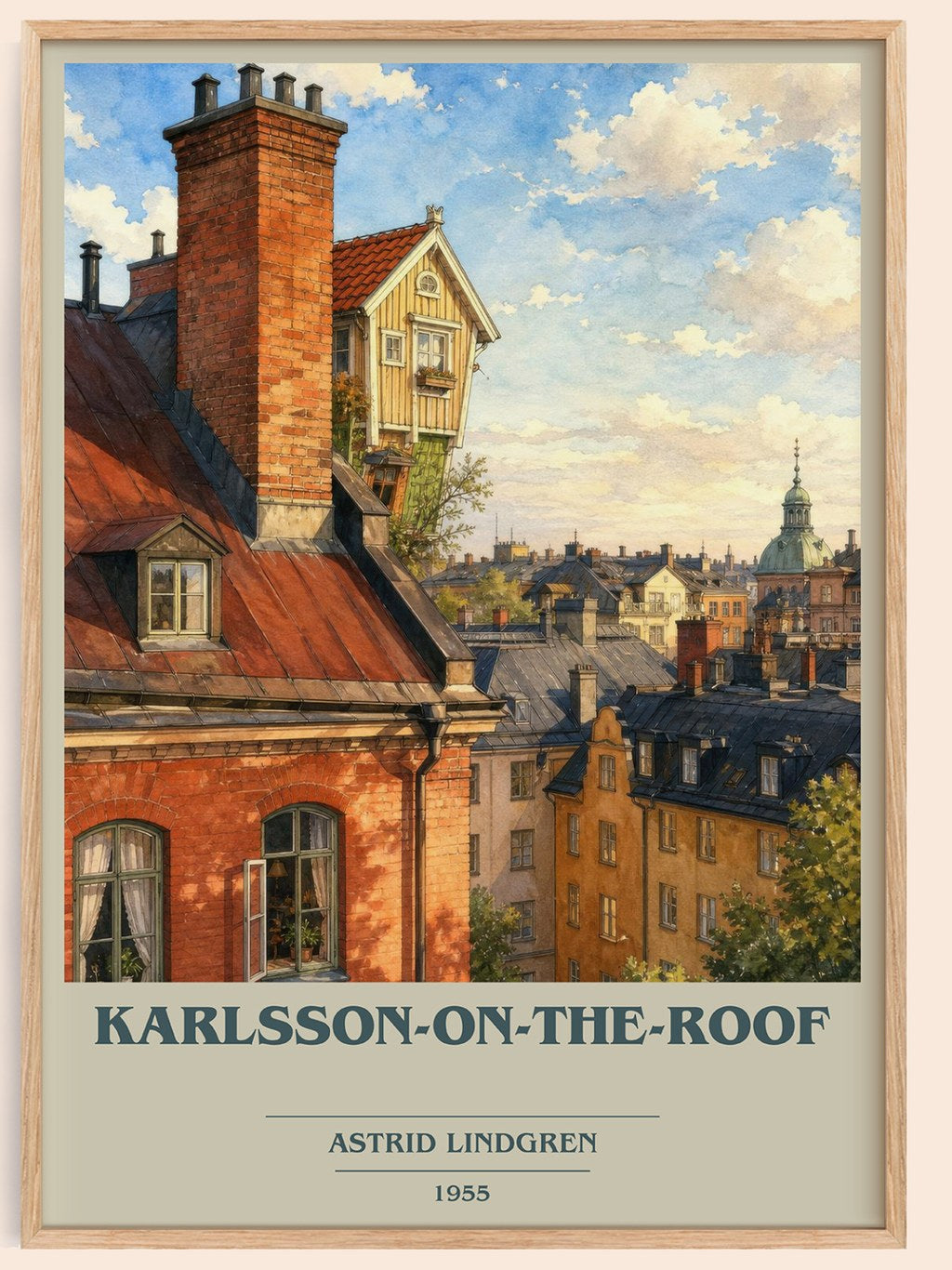 Karlsson-on-the-Roof book cover book poster by Astrid Lindgren – framed literary art print