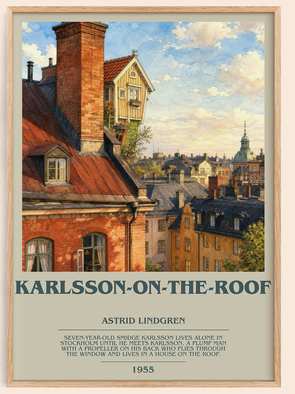 Karlsson-on-the-Roof bookish book poster by Astrid Lindgren – framed literary art print