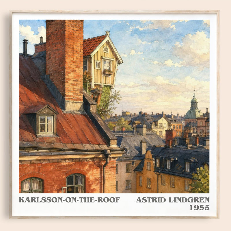 Karlsson-on-the-Roof literary book poster by Astrid Lindgren – framed literary art print