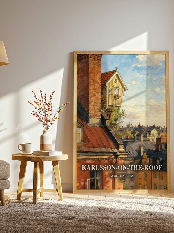 Karlsson-on-the-Roof watercolour print in frame leaning in hallway – childrens wall art