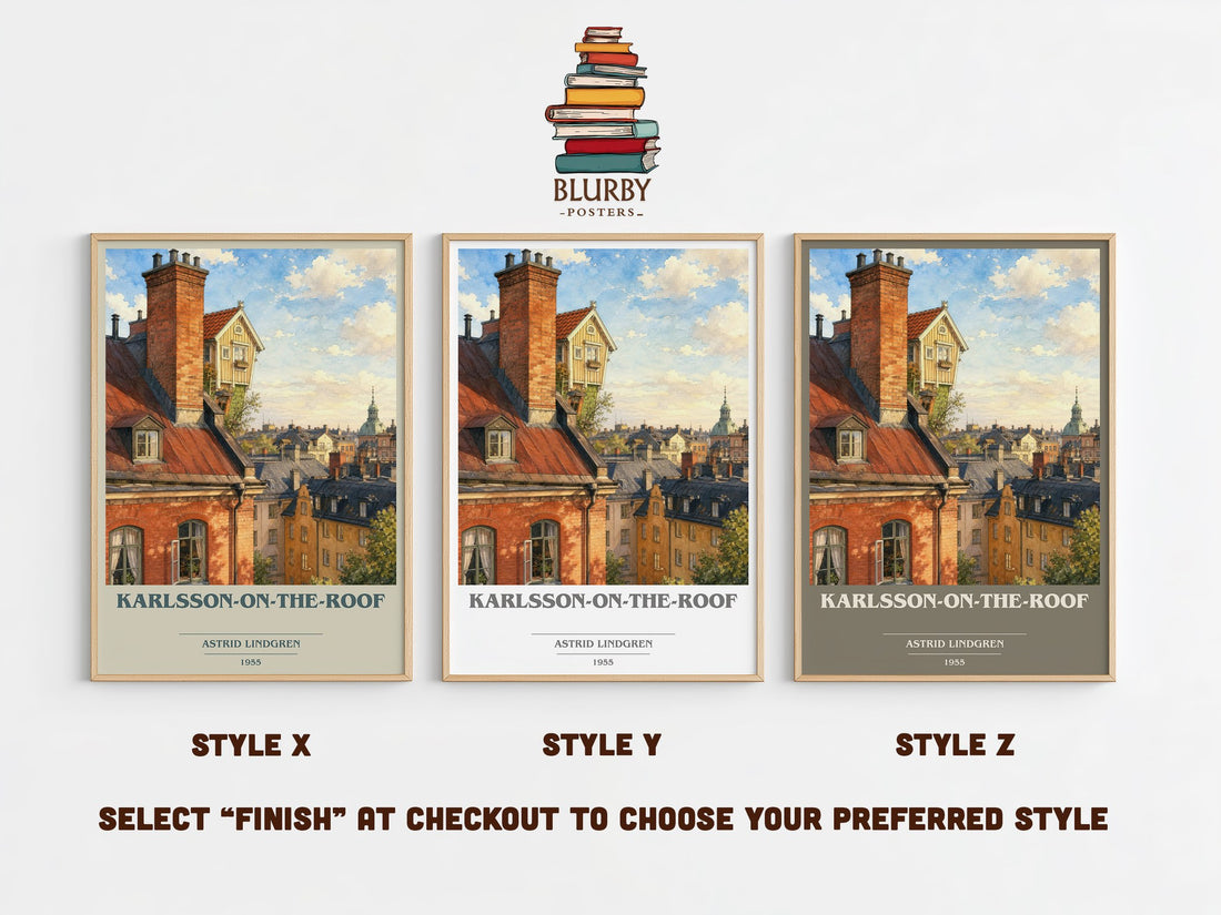 Karlsson-on-the-Roof book cover print in frame leaning in hallway – childrens wall art (mockup)