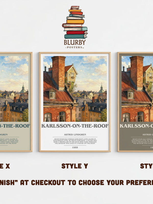Karlsson-on-the-Roof bookish print in frame leaning in hallway – childrens wall art