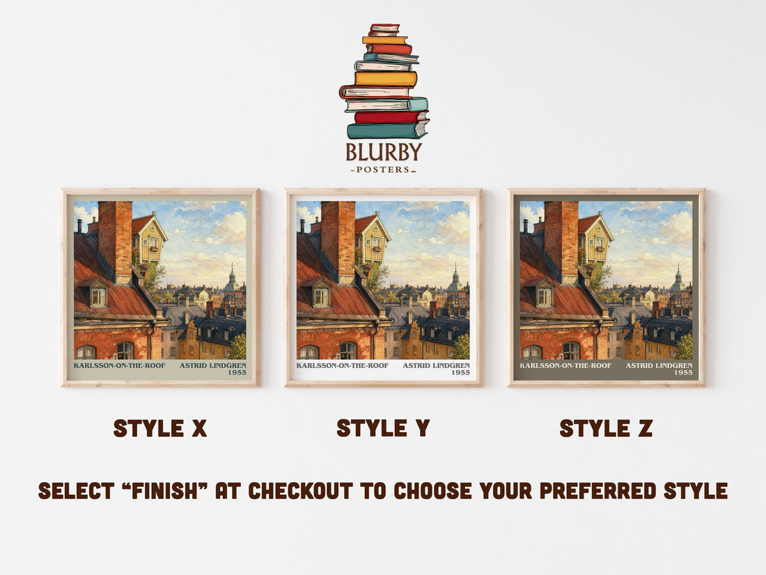 Karlsson-on-the-Roof literary print in frame leaning in hallway – childrens wall art (mockup)