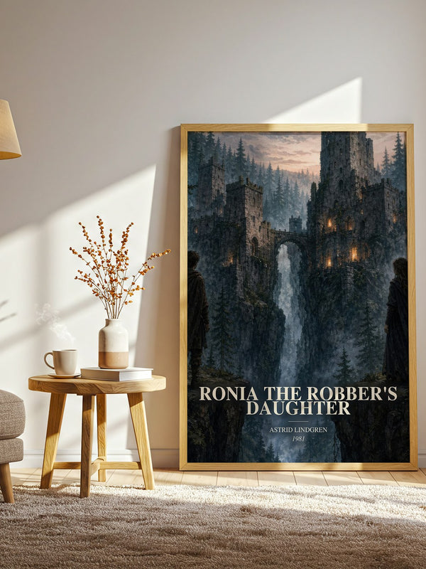 Ronia the Robber's Daughter watercolour print in frame leaning in hallway – childrens wall art