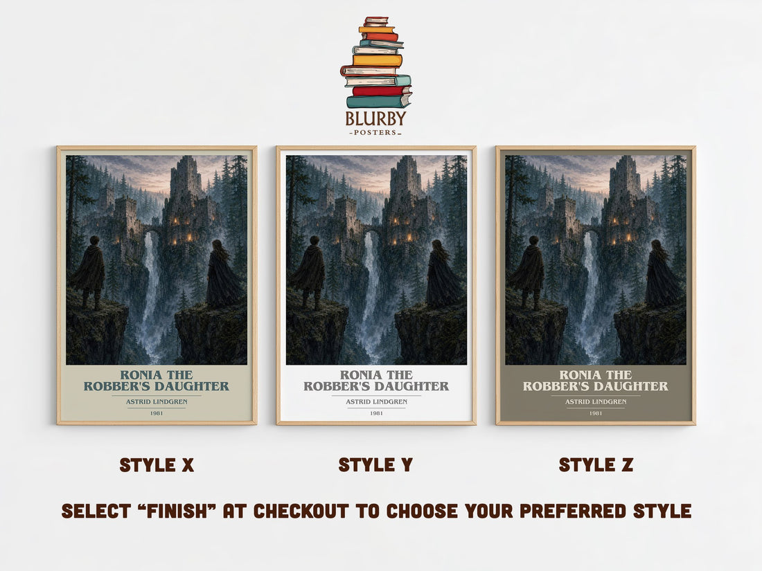 Ronia the Robber's Daughter book cover print in frame leaning in hallway – childrens wall art (mockup)