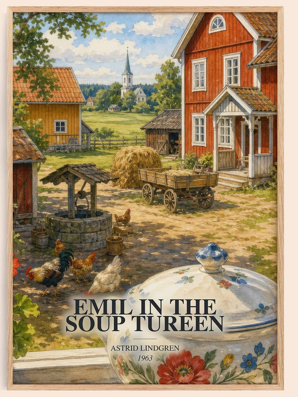 Emil in the Soup Tureen watercolour book poster by Astrid Lindgren – framed literary art print