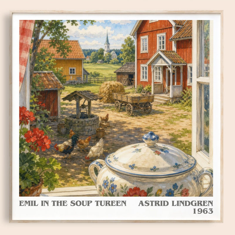 Emil in the Soup Tureen literary book poster by Astrid Lindgren – framed literary art print