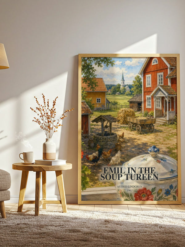Emil in the Soup Tureen watercolour print in frame leaning in hallway – childrens wall art