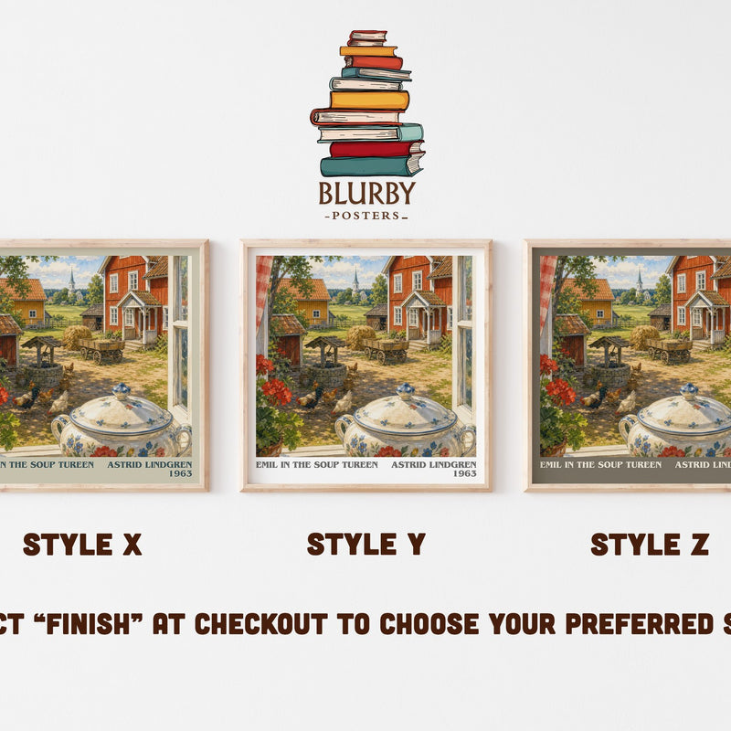 Emil in the Soup Tureen literary print in frame leaning in hallway – childrens wall art