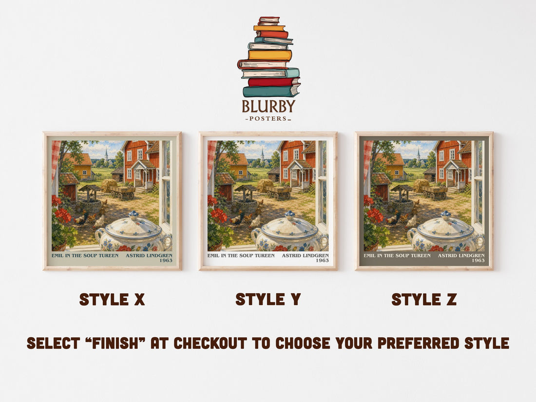 Emil in the Soup Tureen literary print in frame leaning in hallway – childrens wall art (mockup)