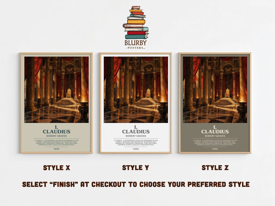 I, Claudius bookish print in frame leaning in hallway – historical fiction wall art (mockup)
