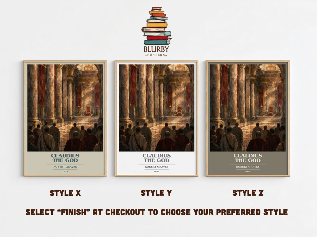 Claudius the God book cover print in frame leaning in hallway – historical fiction wall art (mockup)
