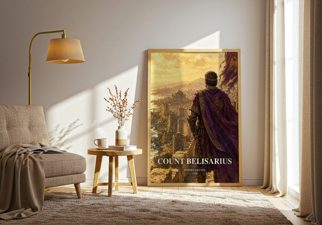 Count Belisarius watercolour print in frame leaning in hallway – historical fiction wall art (mockup)