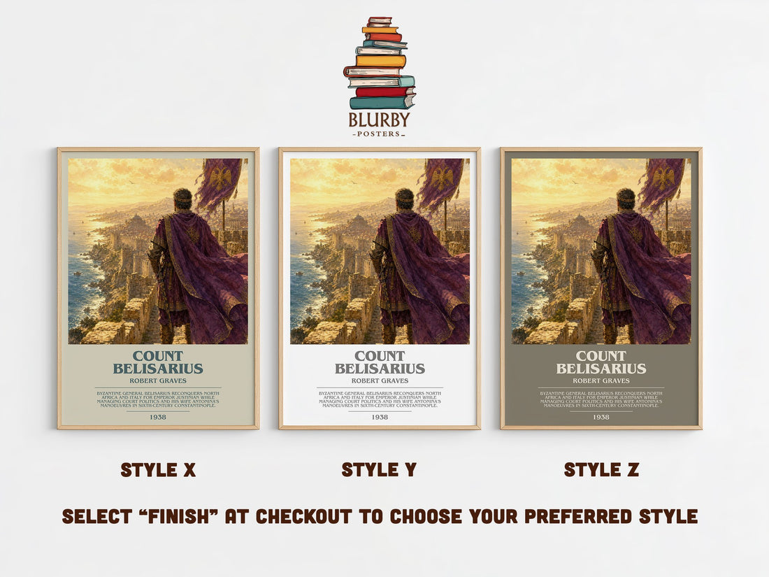 Count Belisarius bookish print in frame leaning in hallway – historical fiction wall art (mockup)