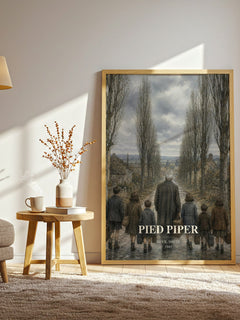 Pied Piper watercolour print in frame leaning in hallway – historical fiction wall art
