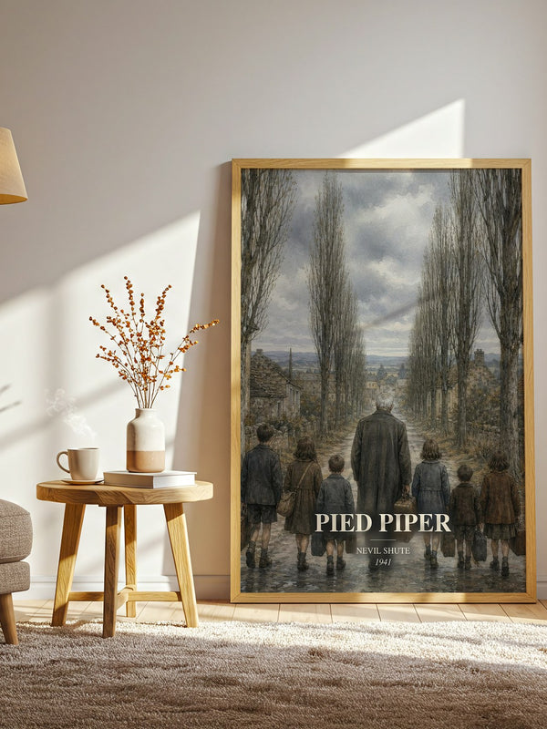 Pied Piper watercolour print in frame leaning in hallway – historical fiction wall art