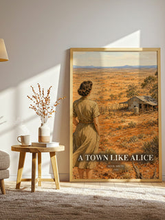 A Town Like Alice watercolour print in frame leaning in hallway – historical fiction wall art