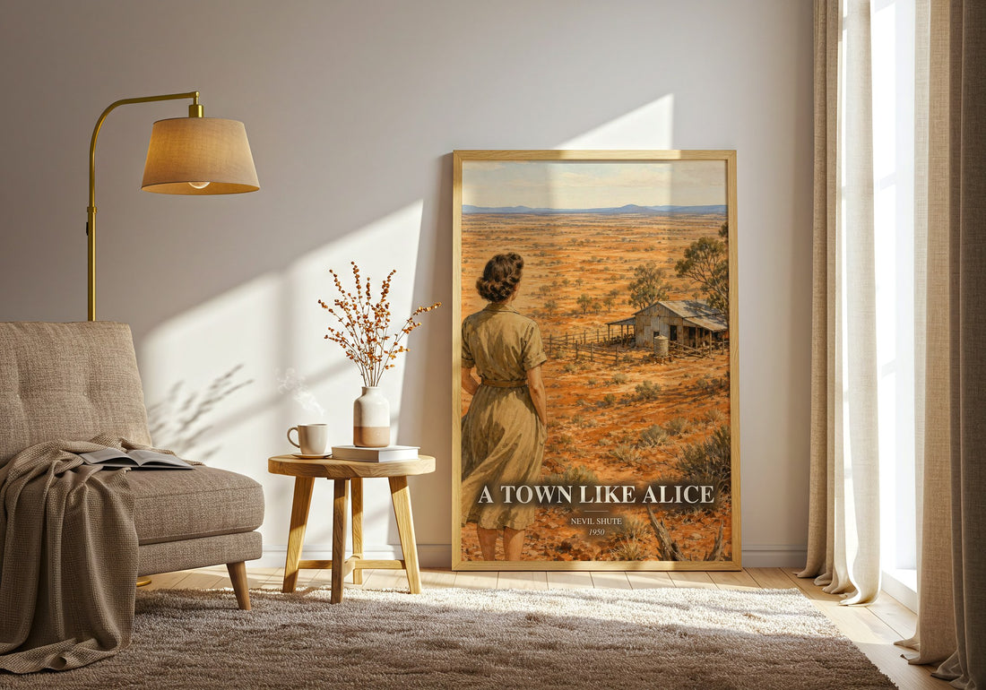 A Town Like Alice watercolour print in frame leaning in hallway – historical fiction wall art (mockup)