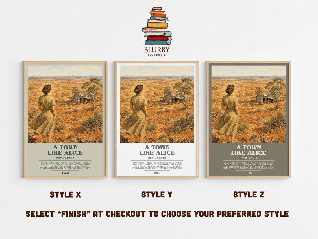 A Town Like Alice bookish print in frame leaning in hallway – historical fiction wall art (mockup)