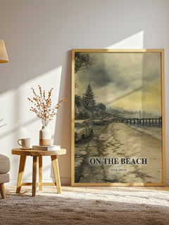 On the Beach watercolour print in frame leaning in hallway – sci fi wall art