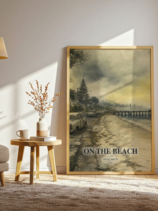 On the Beach watercolour print in frame leaning in hallway – sci fi wall art
