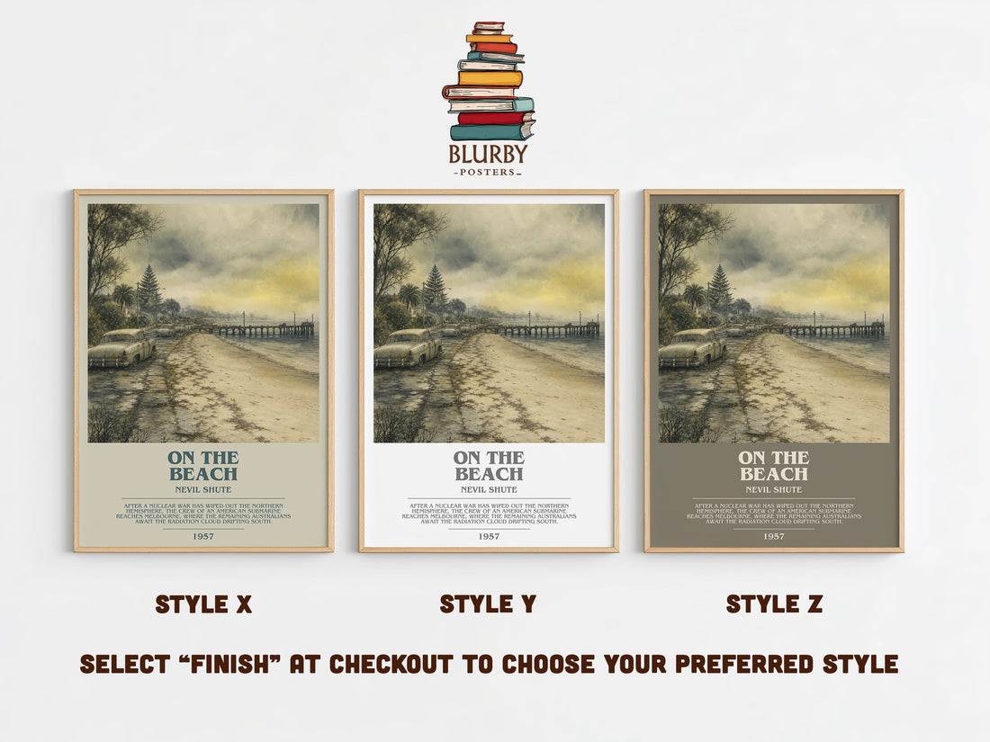 On the Beach bookish print in frame leaning in hallway – sci fi wall art (mockup)