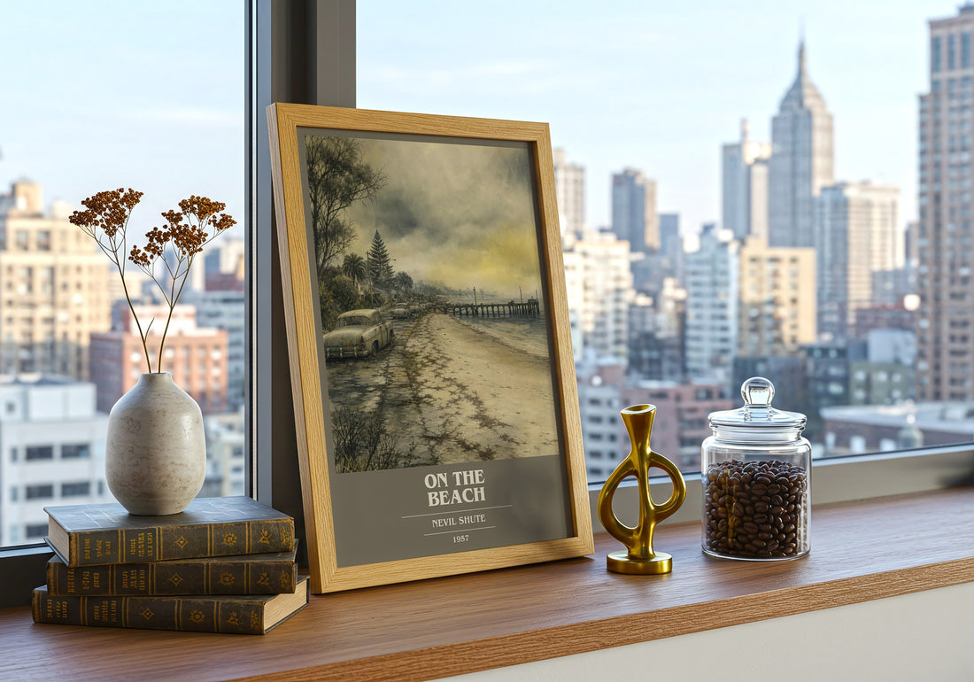 On the Beach book cover print framed by window – literary home decor