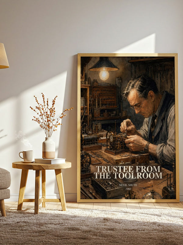 Trustee from the Toolroom watercolour print in frame leaning in hallway – adventure wall art