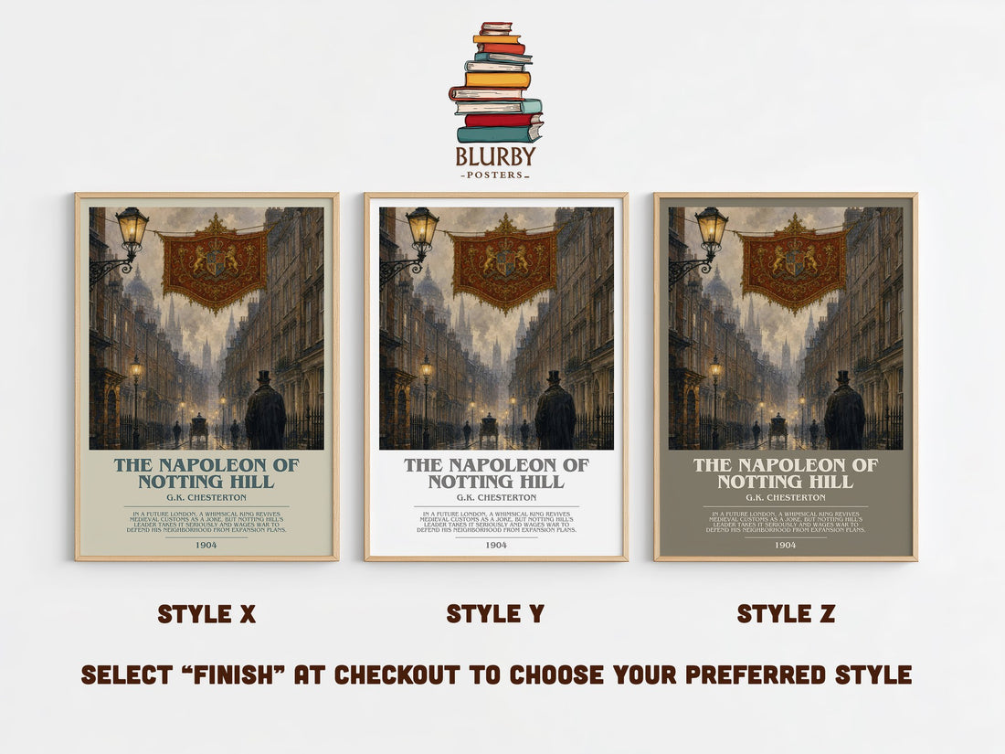 The Napoleon of Notting Hill bookish print in frame leaning in hallway – satire wall art (mockup)